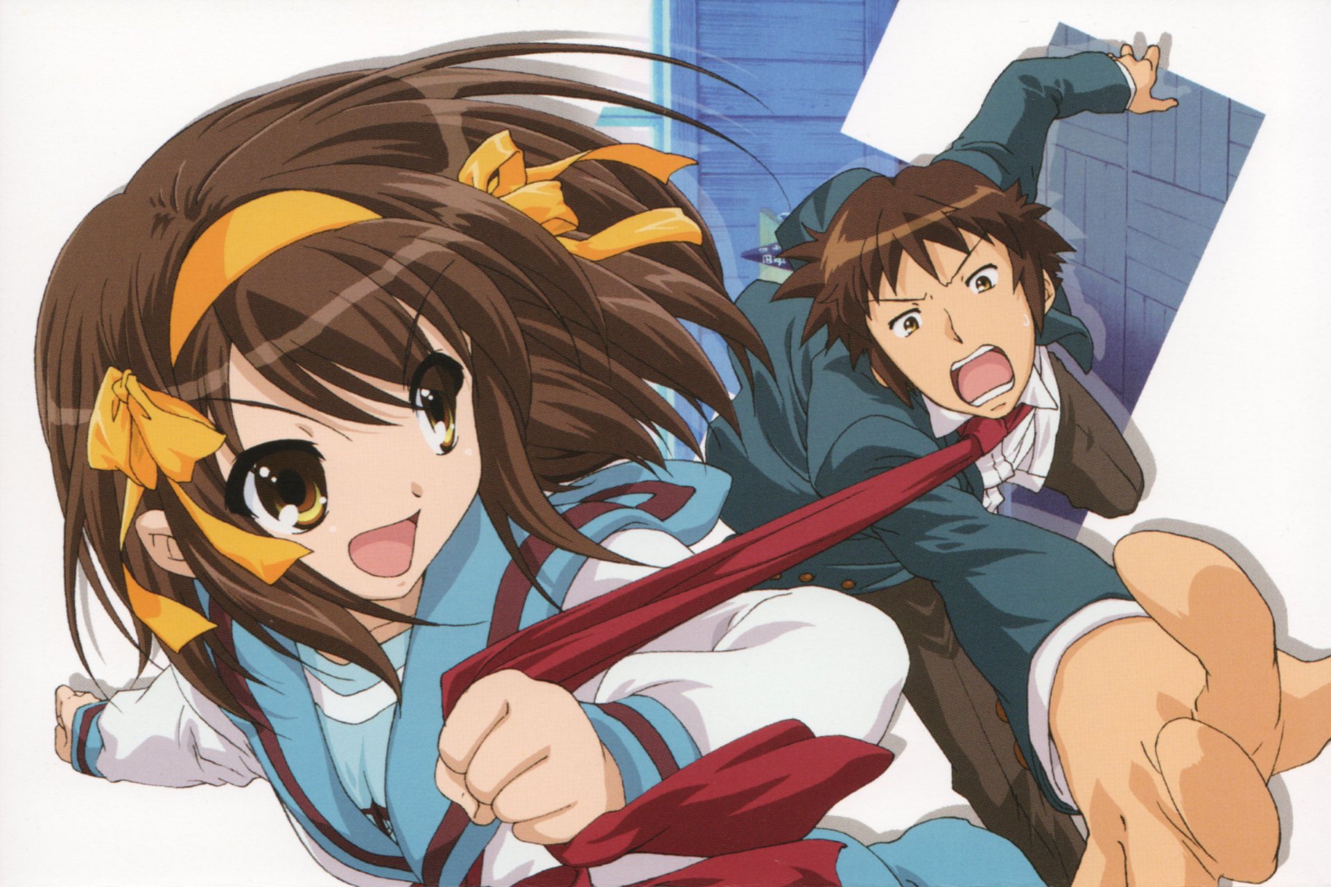 Haruhi Suzumiya energetically dragging Kyon by the tie in midair; anime scene from The Melancholy of Haruhi Suzumiya. 2K Quad HD PC desktop wallpaper.