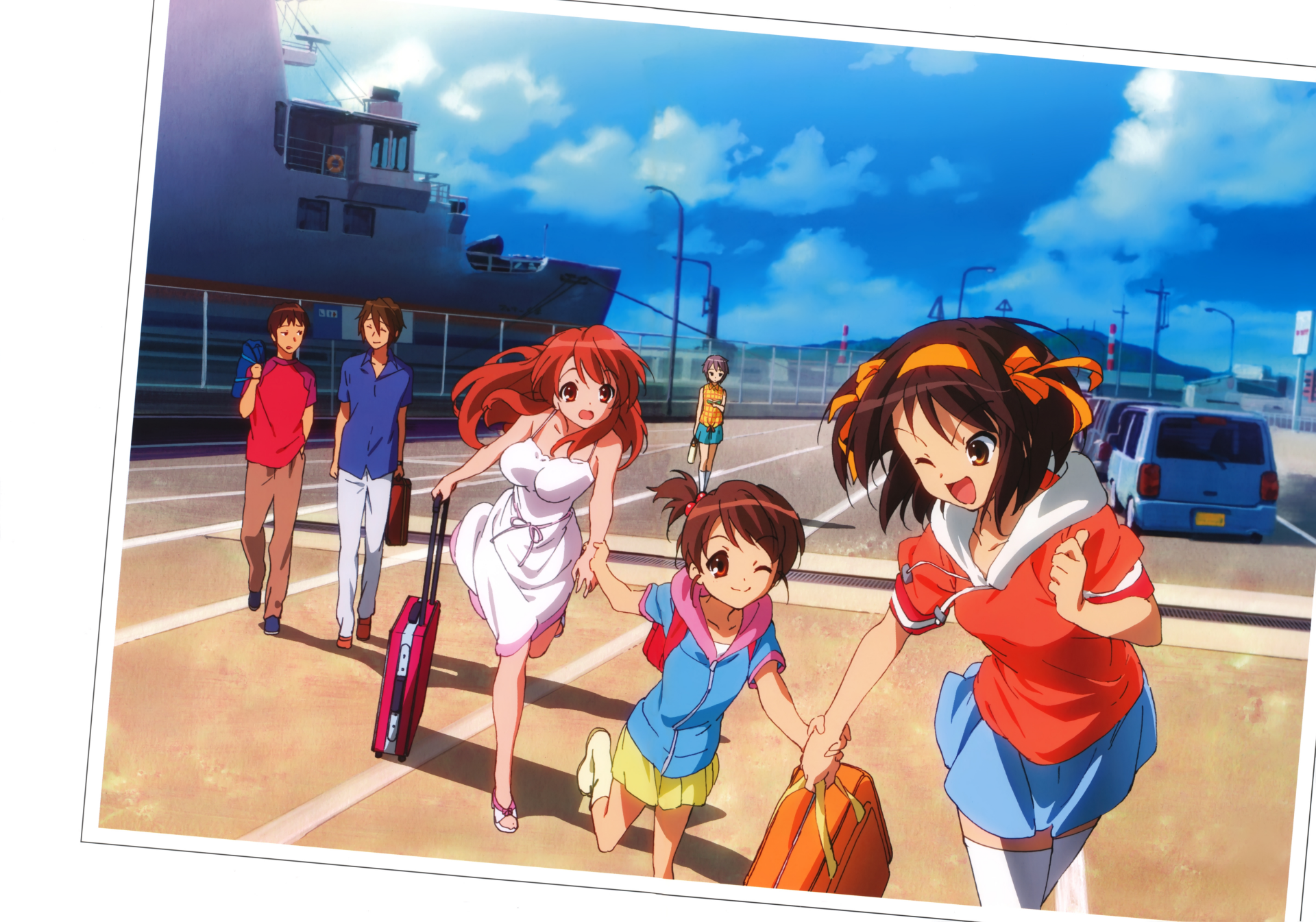 4K Ultra HD anime desktop wallpaper of The Melancholy of Haruhi Suzumiya — Haruhi and friends running through a sunlit parking lot, lively summer scene
