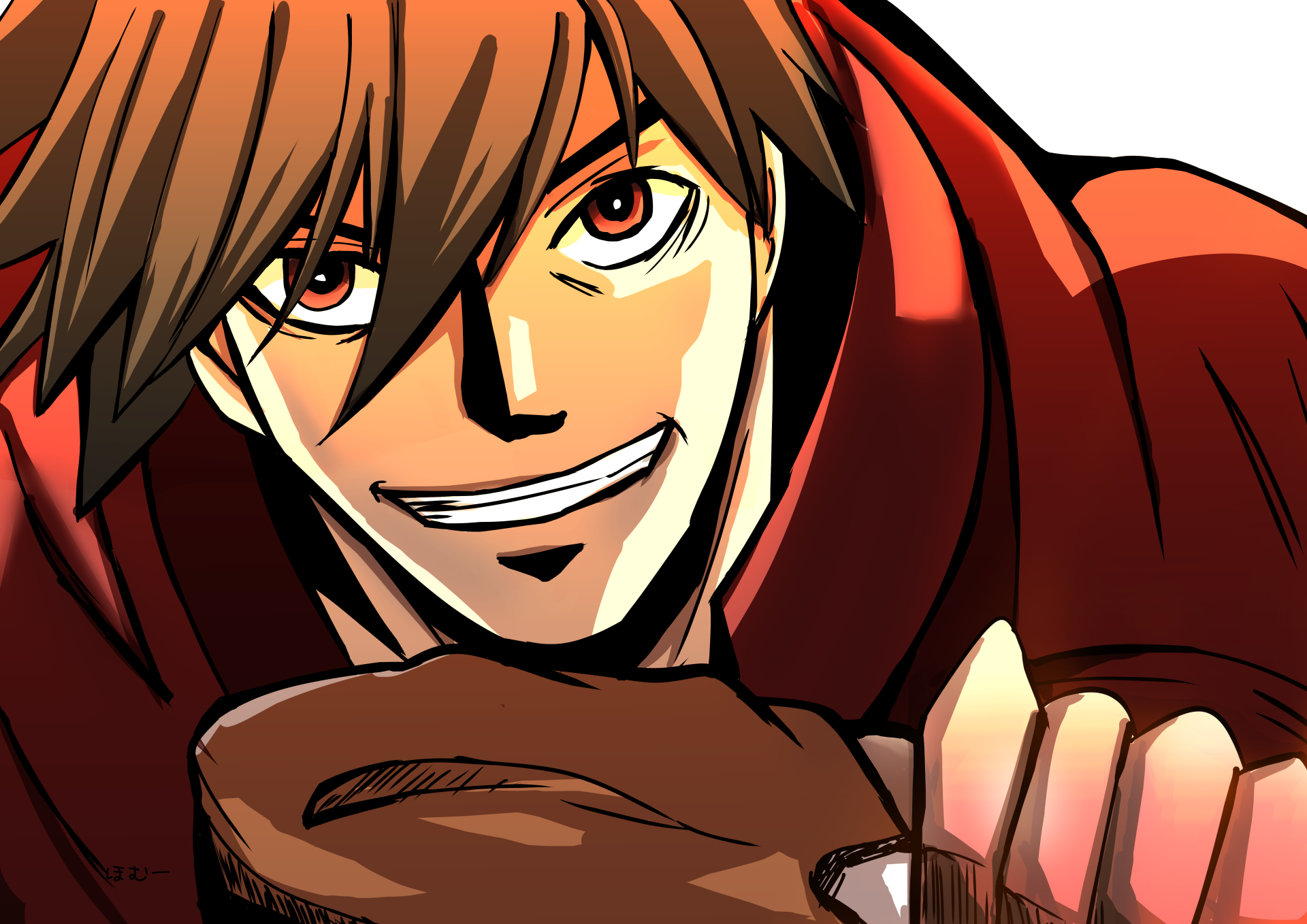 Close-up anime portrait of Toyohisa Shimazu from Drifters, grinning with brown hair and a red cloak — vibrant 5K Ultra HD PC desktop wallpaper/background.