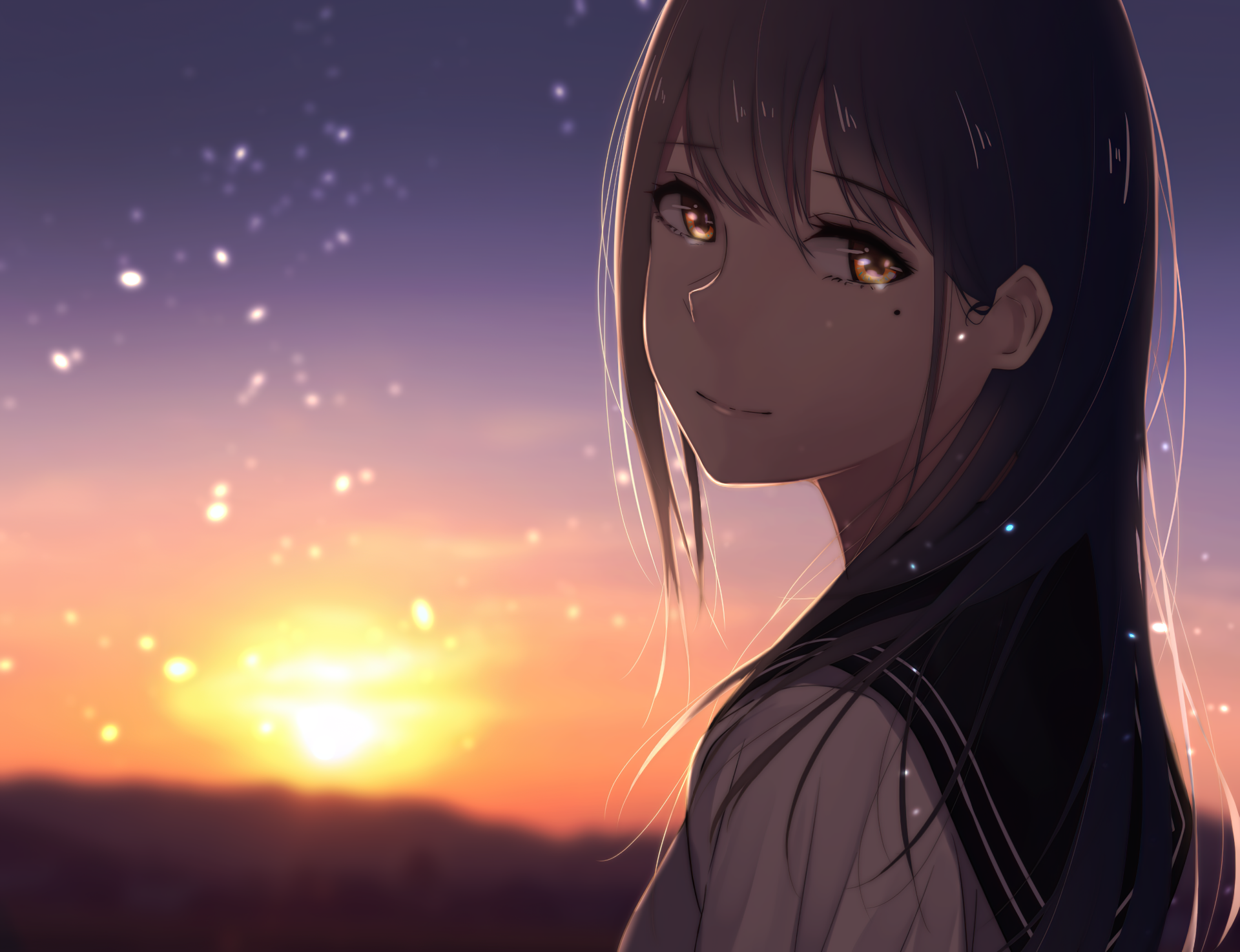 A stunning HD desktop wallpaper featuring an original anime character with long hair, gazing back at a glowing sunset sky filled with sparkles.