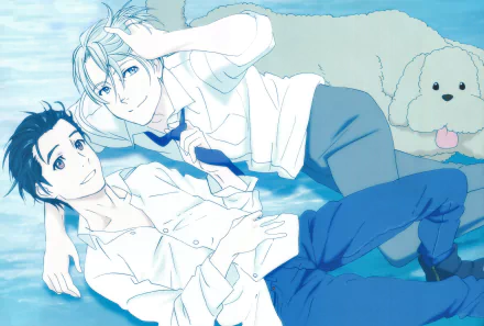 HD desktop wallpaper from Yuri!!! on ICE with two characters lying on the ground and a large dog in the background.