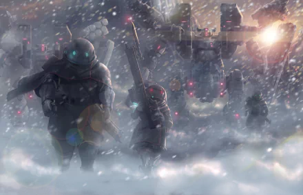 HD anime wallpaper featuring original mecha designs in a snowy battlefield, highlighted with cool tones and intricate details.