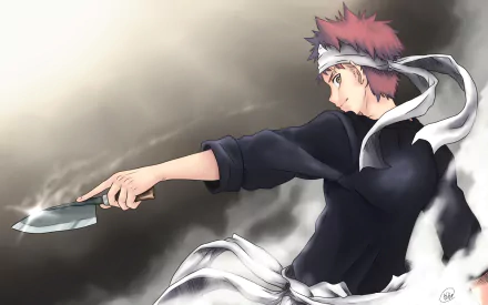 HD desktop wallpaper featuring Sōma Yukihira from the anime Food Wars: Shokugeki no Soma, showcasing a dynamic pose with a knife in hand and a smoky, dramatic background.