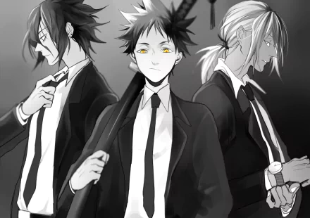 Black and white HD desktop wallpaper featuring Ryō Kurokiba, Akira Hayama, and Sōma Yukihira from the anime Food Wars: Shokugeki no Soma, dressed in suits with a confident demeanor.