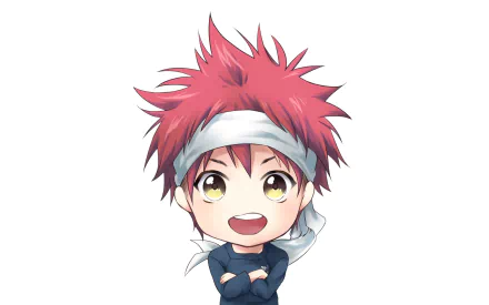Chibi-style Sōma Yukihira from the anime Food Wars: Shokugeki no Soma with spiky red hair and a white headband on a white background, HD desktop wallpaper.