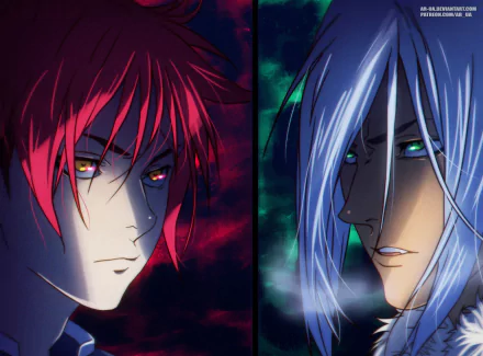 HD anime wallpaper featuring intense close-ups of Akira Hayama with red hair and Sōma Yukihira with silver hair from Food Wars: Shokugeki no Soma.