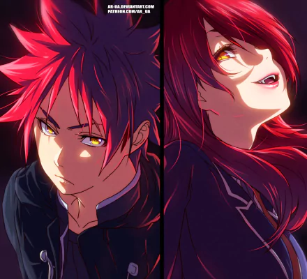 HD desktop wallpaper featuring Rindō Kobayashi and Sōma Yukihira from the anime Food Wars: Shokugeki no Soma, showcasing vibrant and detailed character art.