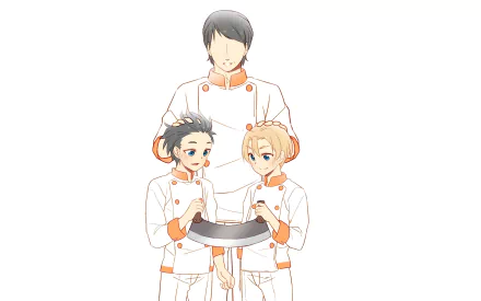 HD anime wallpaper featuring Takumi Aldini, Isami Aldini, and another character from Food Wars: Shokugeki no Soma in chef uniforms, holding a cooking pan.