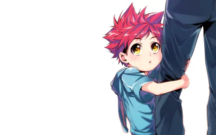 HD PC desktop wallpaper featuring Sōma Yukihira from the anime Food Wars: Shokugeki no Soma, depicted with bright red hair and expressive eyes against a white background.