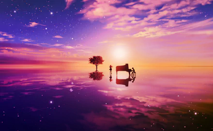 HD desktop wallpaper of Your Lie in April featuring characters Kaori Miyazono and Kousei Arima with a piano under a vibrant, starry sky reflecting on a tranquil water surface.