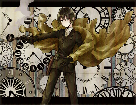 HD PC desktop wallpaper featuring Kino from the anime Kino's Journey, depicted in a dynamic pose with flowing coat amidst a background of various clock faces.