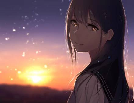 A stunning HD desktop wallpaper featuring an original anime character with long hair, gazing back at a glowing sunset sky filled with sparkles.