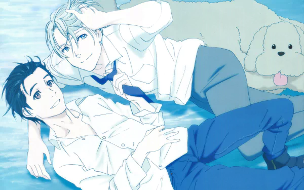 HD desktop wallpaper from Yuri!!! on ICE with two characters lying on the ground and a large dog in the background.