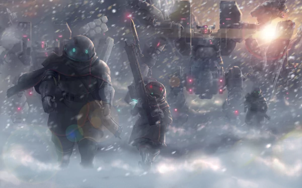 HD anime wallpaper featuring original mecha designs in a snowy battlefield, highlighted with cool tones and intricate details.