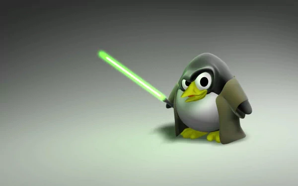 HD desktop wallpaper featuring a Linux-themed penguin dressed as a Jedi, holding a green lightsaber against a gradient background. Tags: technology, Linux.