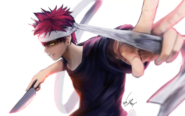 HD desktop wallpaper featuring Sōma Yukihira from the anime Food Wars: Shokugeki no Soma, showcasing him with a confident expression and holding a kitchen knife, ready for a cooking competition.
