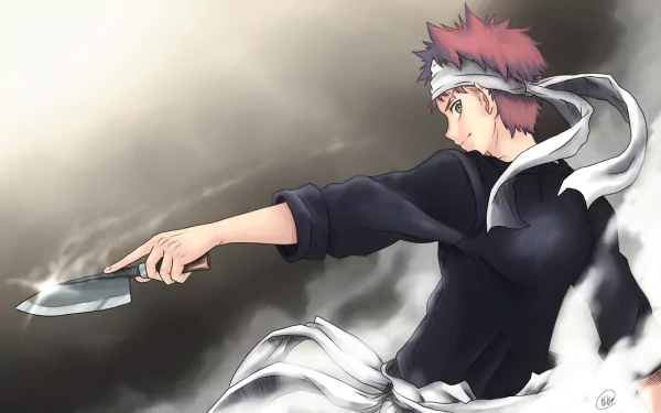 HD desktop wallpaper featuring Sōma Yukihira from the anime Food Wars: Shokugeki no Soma, showcasing a dynamic pose with a knife in hand and a smoky, dramatic background.