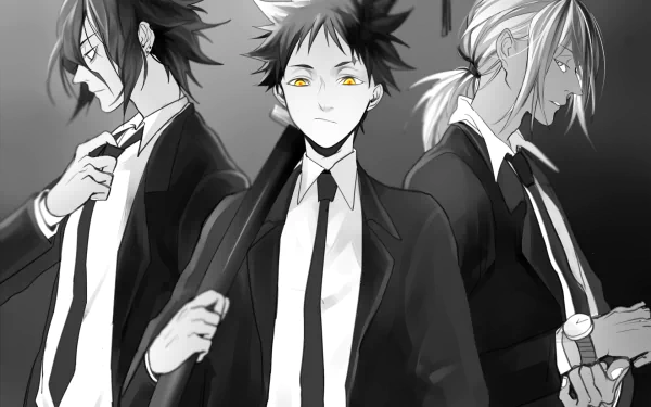Black and white HD desktop wallpaper featuring Ryō Kurokiba, Akira Hayama, and Sōma Yukihira from the anime Food Wars: Shokugeki no Soma, dressed in suits with a confident demeanor.