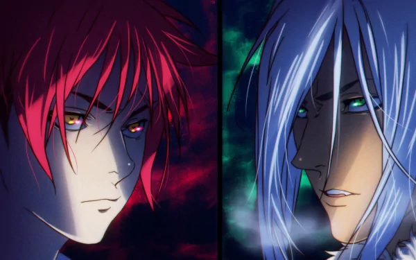 HD anime wallpaper featuring intense close-ups of Akira Hayama with red hair and Sōma Yukihira with silver hair from Food Wars: Shokugeki no Soma.