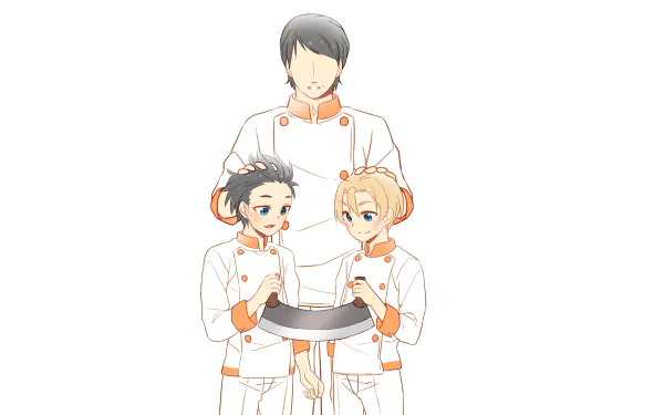 HD anime wallpaper featuring Takumi Aldini, Isami Aldini, and another character from Food Wars: Shokugeki no Soma in chef uniforms, holding a cooking pan.