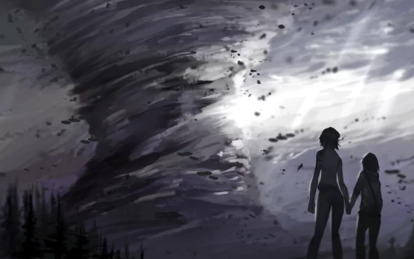 HD PC desktop wallpaper featuring two silhouetted characters holding hands against a dark, swirling tornado backdrop from the video game Life Is Strange.