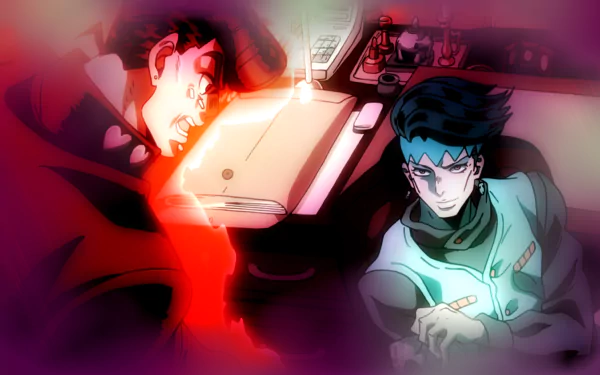 HD PC desktop wallpaper of Josuke Higashikata and Rohan Kishibe from JoJo's Bizarre Adventure, dramatic anime scene with glowing red energy and focused, intense expressions.