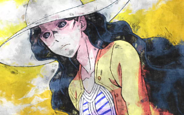 HD PC wallpaper of Yukako Yamagishi (JoJo's Bizarre Adventure): painted portrait with wide-brim hat, long dark hair, yellow cardigan and striped top on a textured yellow background.