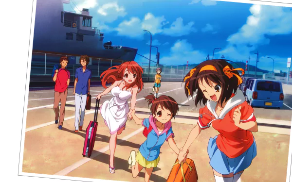 4K Ultra HD anime desktop wallpaper of The Melancholy of Haruhi Suzumiya — Haruhi and friends running through a sunlit parking lot, lively summer scene
