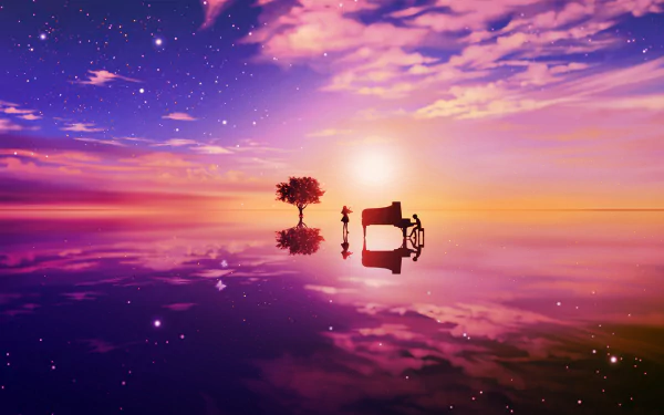 HD desktop wallpaper of Your Lie in April featuring characters Kaori Miyazono and Kousei Arima with a piano under a vibrant, starry sky reflecting on a tranquil water surface.