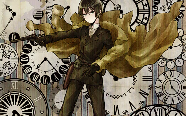 HD PC desktop wallpaper featuring Kino from the anime Kino's Journey, depicted in a dynamic pose with flowing coat amidst a background of various clock faces.