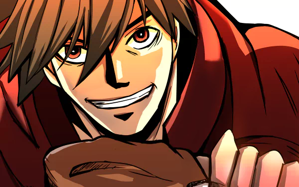Close-up anime portrait of Toyohisa Shimazu from Drifters, grinning with brown hair and a red cloak — vibrant 5K Ultra HD PC desktop wallpaper/background.