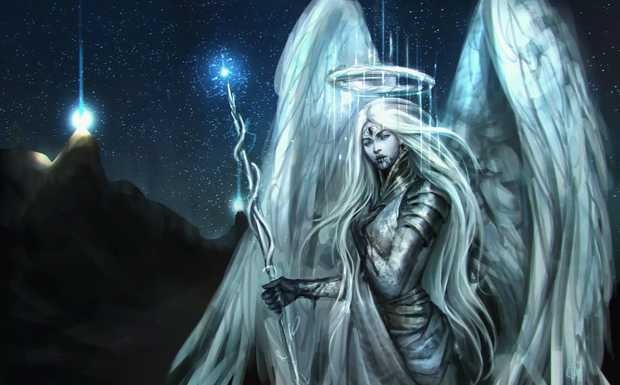Download Wings Night Armor Long Hair White Hair Woman Warrior Fantasy ...