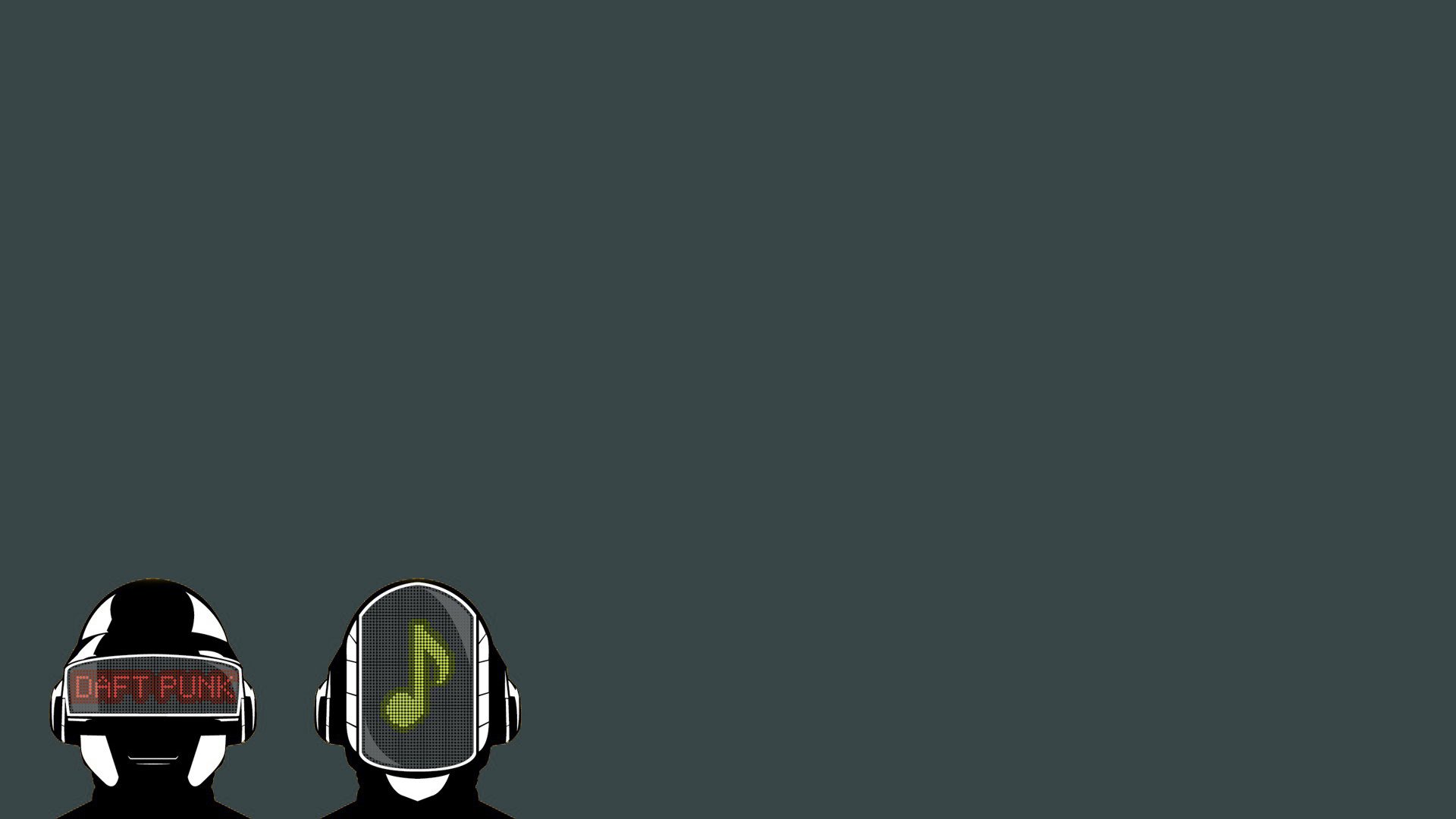 Stylized HD desktop wallpaper featuring two figures with Daft Punk-inspired helmets and musical notes, creating a dynamic music-themed background.