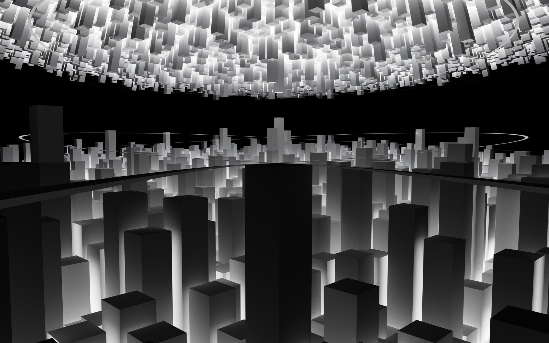Artistic abstract HD PC desktop wallpaper featuring a futuristic cityscape with glowing rectangular structures and mirrored reflections in monochrome tones.