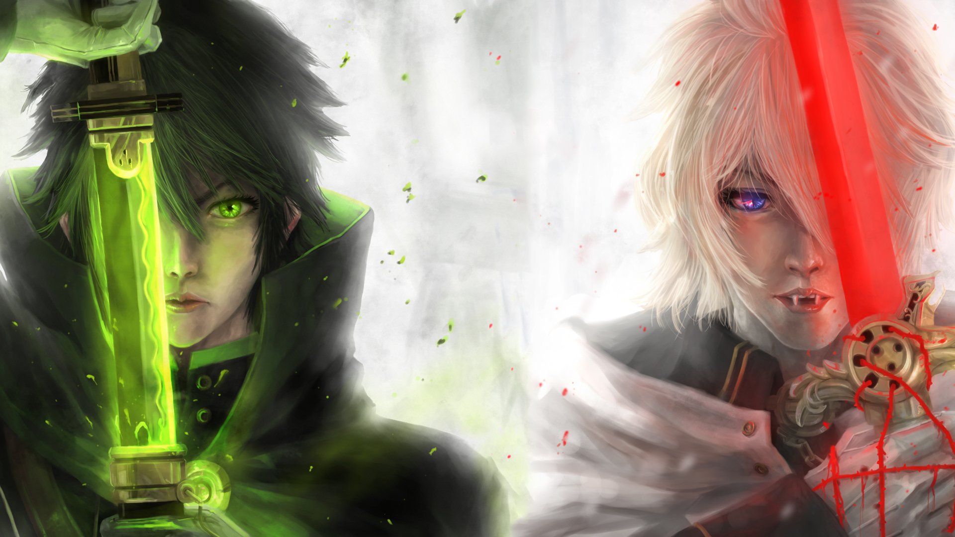HD desktop wallpaper featuring characters from the anime Seraph of the End. One character with black hair holds a green sword, while another with white hair holds a red sword.