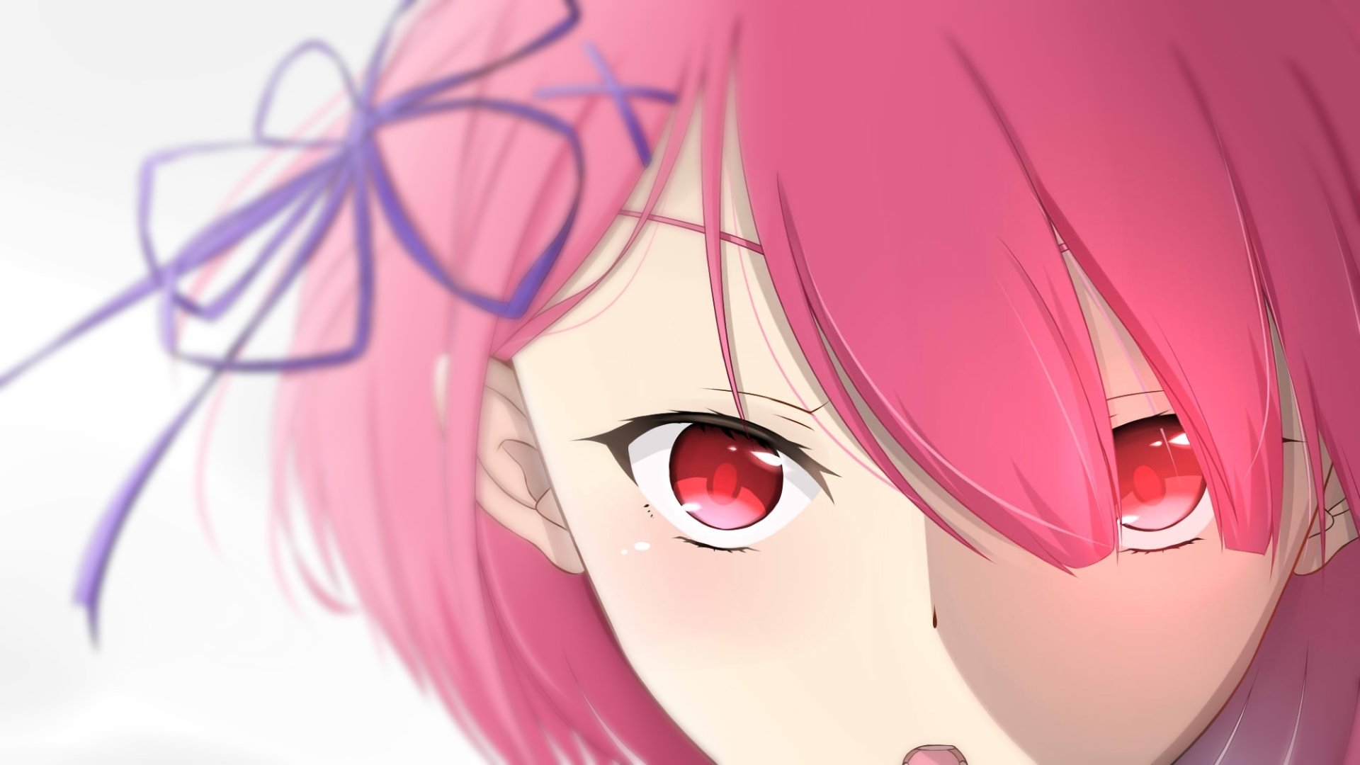 HD desktop wallpaper featuring Ram from the anime Re:Zero - Starting Life in Another World, depicting a close-up of her face with pink hair and red eyes, adorned with a violet ribbon.
