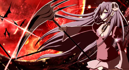 HD PC desktop wallpaper featuring a character from the anime The World God Only Knows with long purple hair, a skull hairpin, and a large weapon against a red moon backdrop.