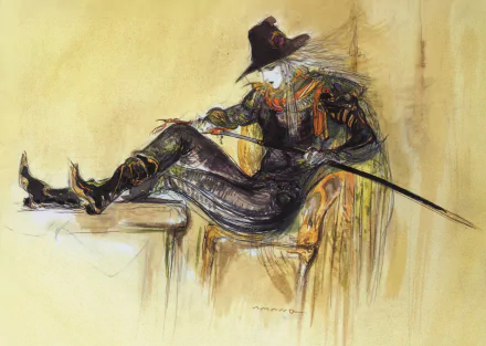 Anime Vampire Hunter D HD PC desktop wallpaper and background: the lone hunter in a wide-brimmed hat and cape reclines with sword against a warm, textured canvas.