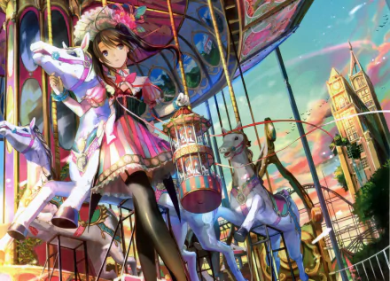 HD anime wallpaper featuring an original character in a vibrant, whimsical carousel scene with colorful horses and a dreamy background of tall buildings and a lively sky.