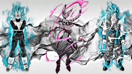 HD wallpaper featuring Beerus, SSGSS Vegeta, and Goku in their Super Saiyan Blue forms from Dragon Ball Super. The characters are positioned against a dynamic background, bringing anime action to your desktop.