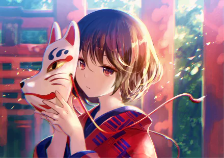 Anime girl holding a fox mask, bathed in warm sunlight with vibrant, colorful background. HD desktop wallpaper and background.