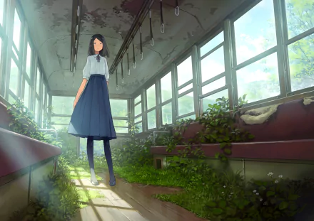 Anime-style original HD PC desktop wallpaper showing a girl standing in an overgrown, sunlit abandoned train car surrounded by greenery and broken windows.