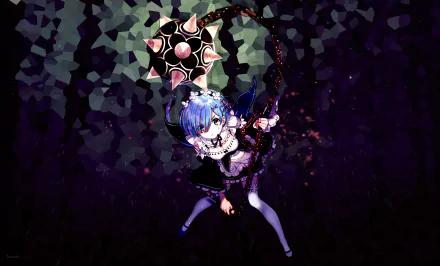 HD desktop wallpaper featuring Rem from the anime Re:Zero - Starting Life in Another World. Rem is depicted in an action pose against a dark, abstract background.