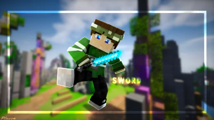 HD PC desktop wallpaper featuring a Minecraft character wielding a glowing blue sword in a vibrant, blocky landscape from the video game Minecraft.