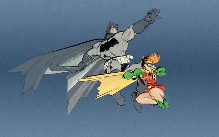 HD PC desktop wallpaper featuring comic-style Batman and Robin from The Dark Knight Returns in dynamic mid-air action against a plain blue background.
