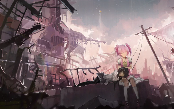 HD PC desktop wallpaper featuring Homura Akemi and Madoka Kaname from the anime Puella Magi Madoka Magica, set against a post-apocalyptic cityscape backdrop.