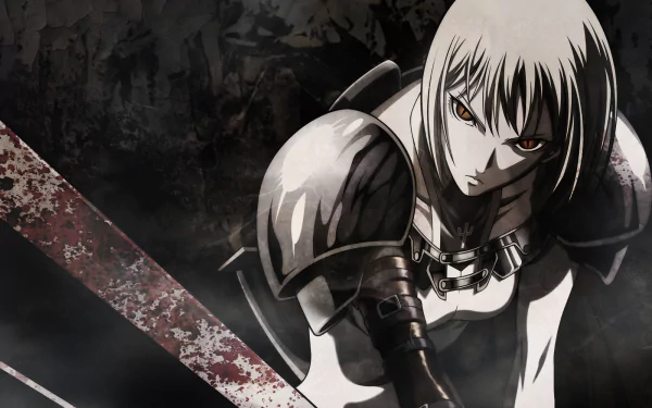 HD anime desktop wallpaper featuring a fierce Claymore warrior with silver hair and armor, set against a dark, textured background.