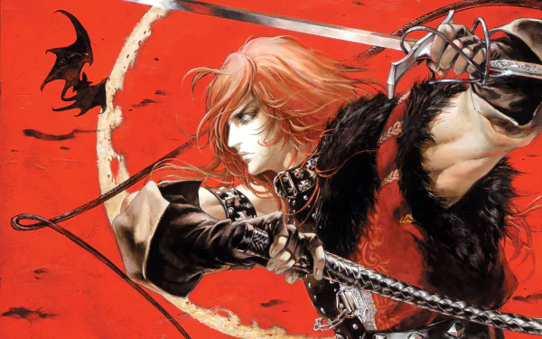 HD PC desktop wallpaper featuring Simon Belmont from the Castlevania video game series, poised with a whip against a vivid red background and a silhouetted bat.