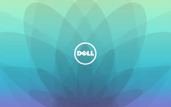 HD PC desktop wallpaper featuring a blue-green abstract geometric design with the white Dell logo centered, representing technology and Dell branding.