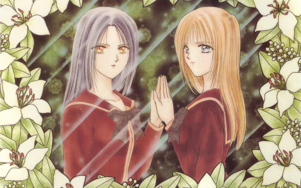 HD anime desktop wallpaper featuring two female characters from Ayashi no Ceres surrounded by white flowers, blending delicate artistry with a serene atmosphere.